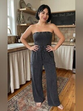 Double Zero Acid Wash Tube Top Cargo French Terry Jumpsuit - Black